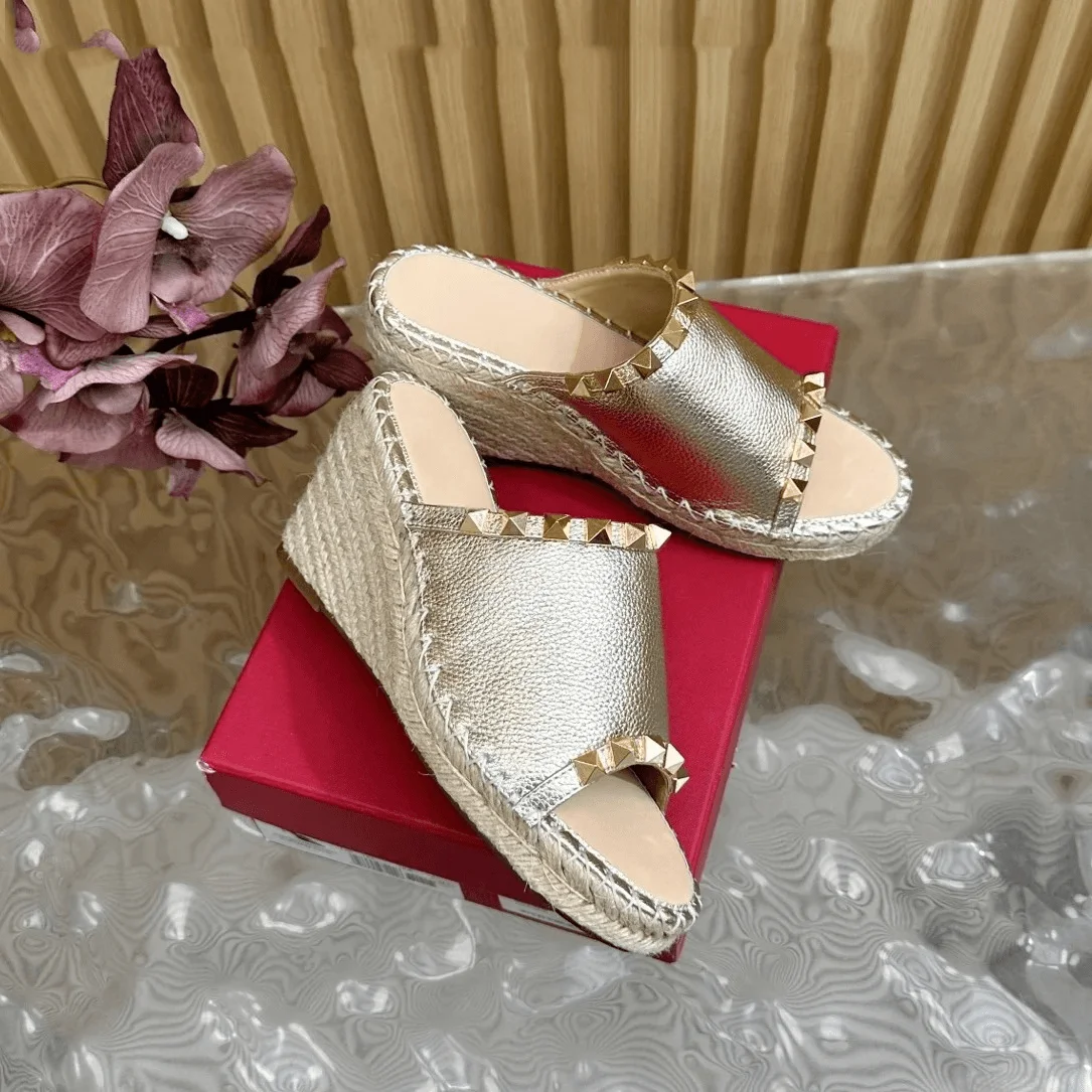 Novelty Pebbled Leather Cane Weave Patchwork Wedges Espadrille Rivet Sewing Stiletto Heels Slip-on Open-Toes Woman Sandals