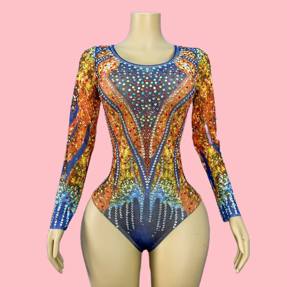 Sexy Long Sleeves Club Party Rhinestone Bodysuit Women Aerial Gymnastics Dance Leotard Stage Performance Jumpsuit Short Rompers