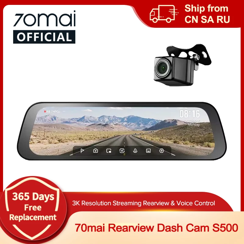 70mai Rearview Dash Cam S500 9.35 Inch Touch Screen Dual-channel Record HDR 1944P 138FOV 70mai Car DVR S500 Voice Control