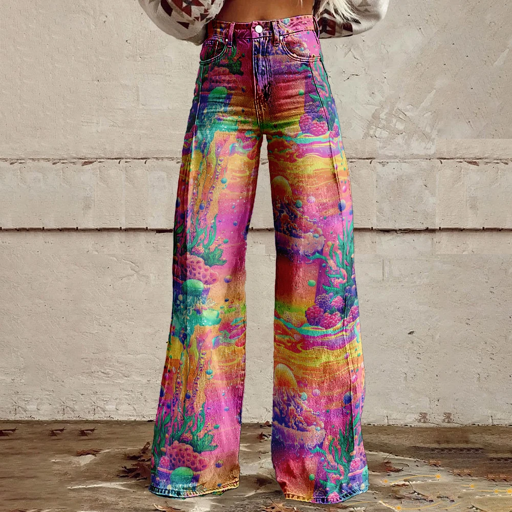 

Женские широкие брюки, ретро, сказочный принт, повседневные, красочные, хип-хоп, уличная одежда, богемные, сексуальные, модные, вечерние