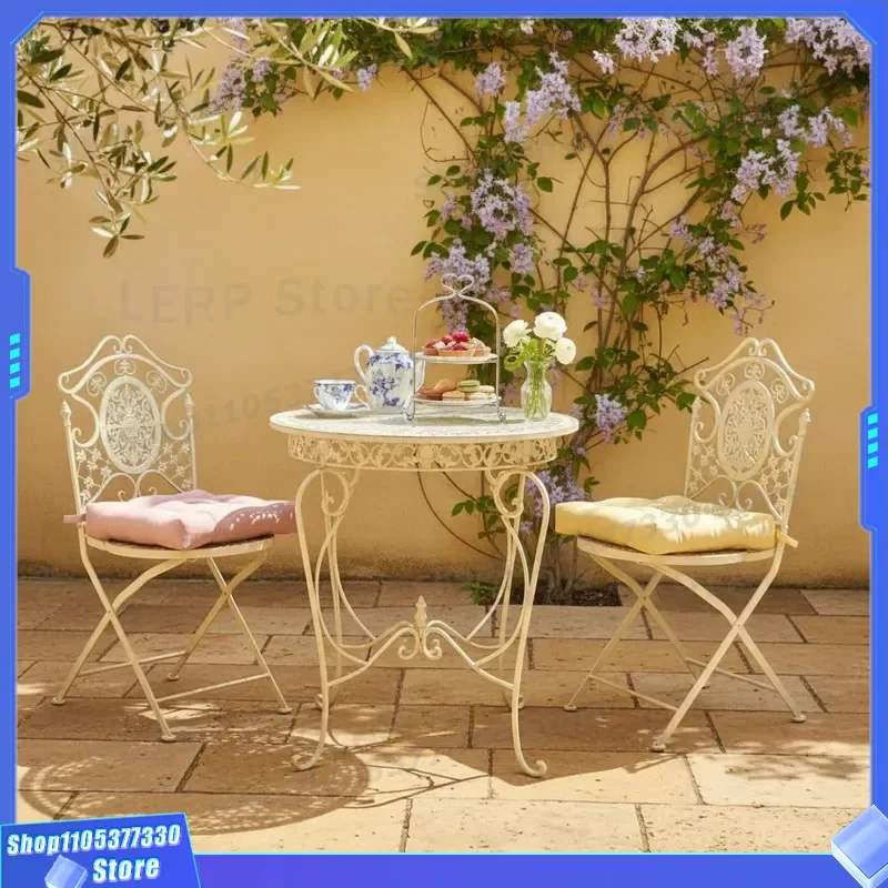 Retro Wrought Iron Folding Table and Chair Set European Outdoor Balcony Leisure Furniture Hollow Design Garden Dining Coffee