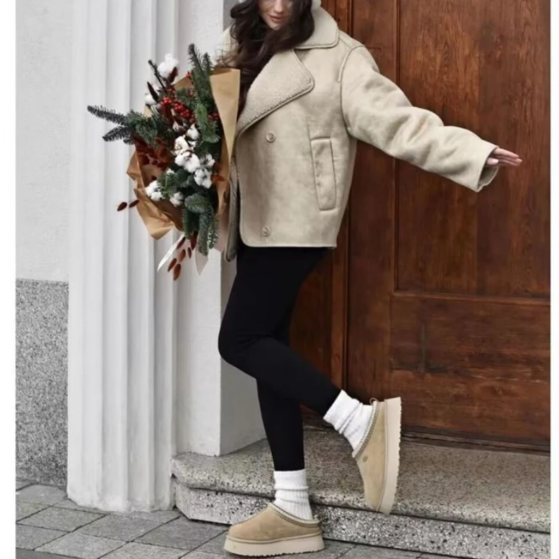 Women's Lambskin Jacket for Autumn and Winter  Loose Fur, One Piece Lapel and Fleece Warm Jacket for Women