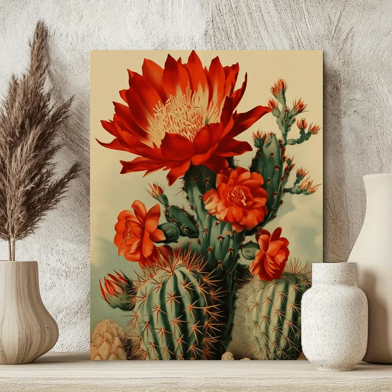 (No frame)2D Flat, 1pc Vintage Cactus Bloom Wall Art with Wooden Frame - Vibrant Orange & Red Desert Plant Print Suitable for