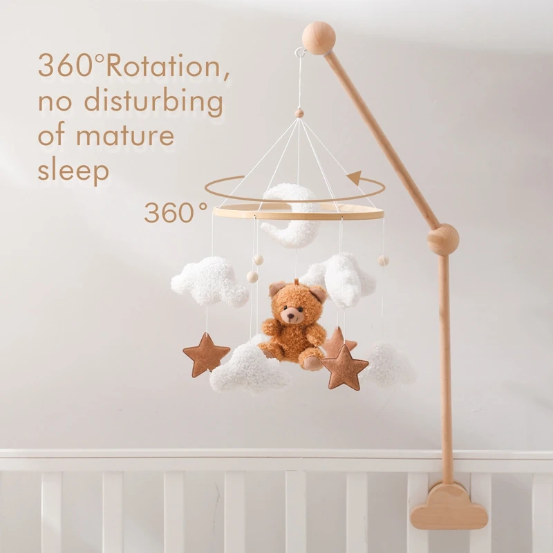 Baby Rattle Toys Soft Cartoon Bear Bed Bell Toys 0-12 Month Felt Wooden Mobile Newborn Music Box Holder Bracket Infant Crib Toys