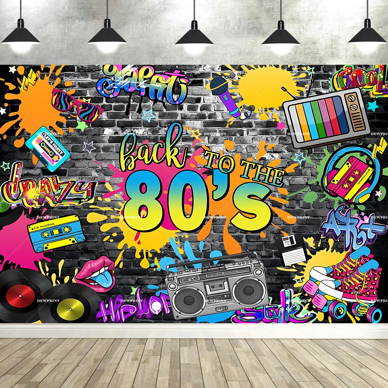 Fondo Temático de Discoteca Años 80, con Radio, Patineta y Graffiti, para Fiestas de Cumpleaños, Fotografía, Accesorios para Fotos 'Let's Glow'