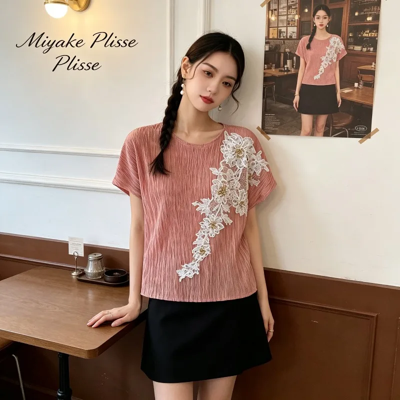 Miyake Pleated New 2026 Summer Original Short Sleeve Fashion Pleated Embroidered Lace T-Shirt Round Neck Versatile Elegant Top