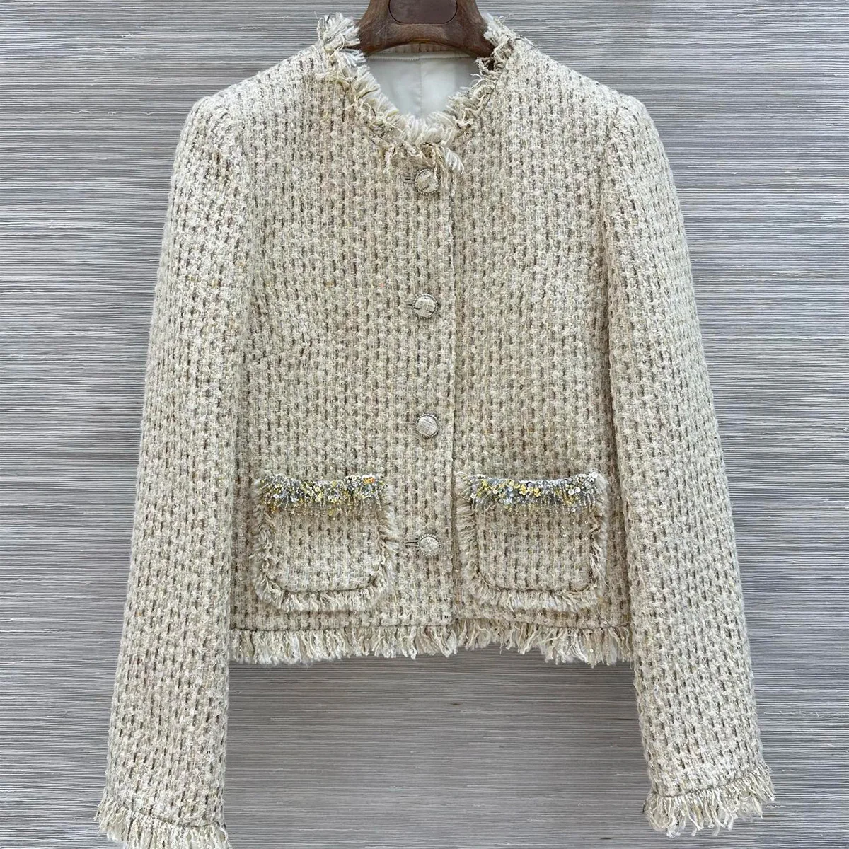 High Quality Women Fringe Trim Short Jacket Sequined Pocket Decor Outerwear lyt26101941