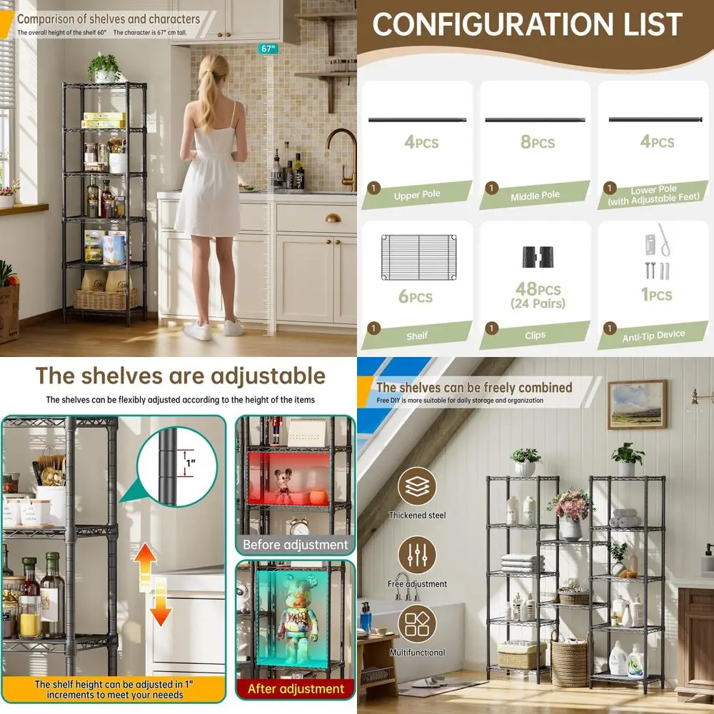 

6-Tier Adjustable Metal Mesh Shelving Unit for Home, Kitchen, Office, and Bathroom Storage - 10x16x60 Black