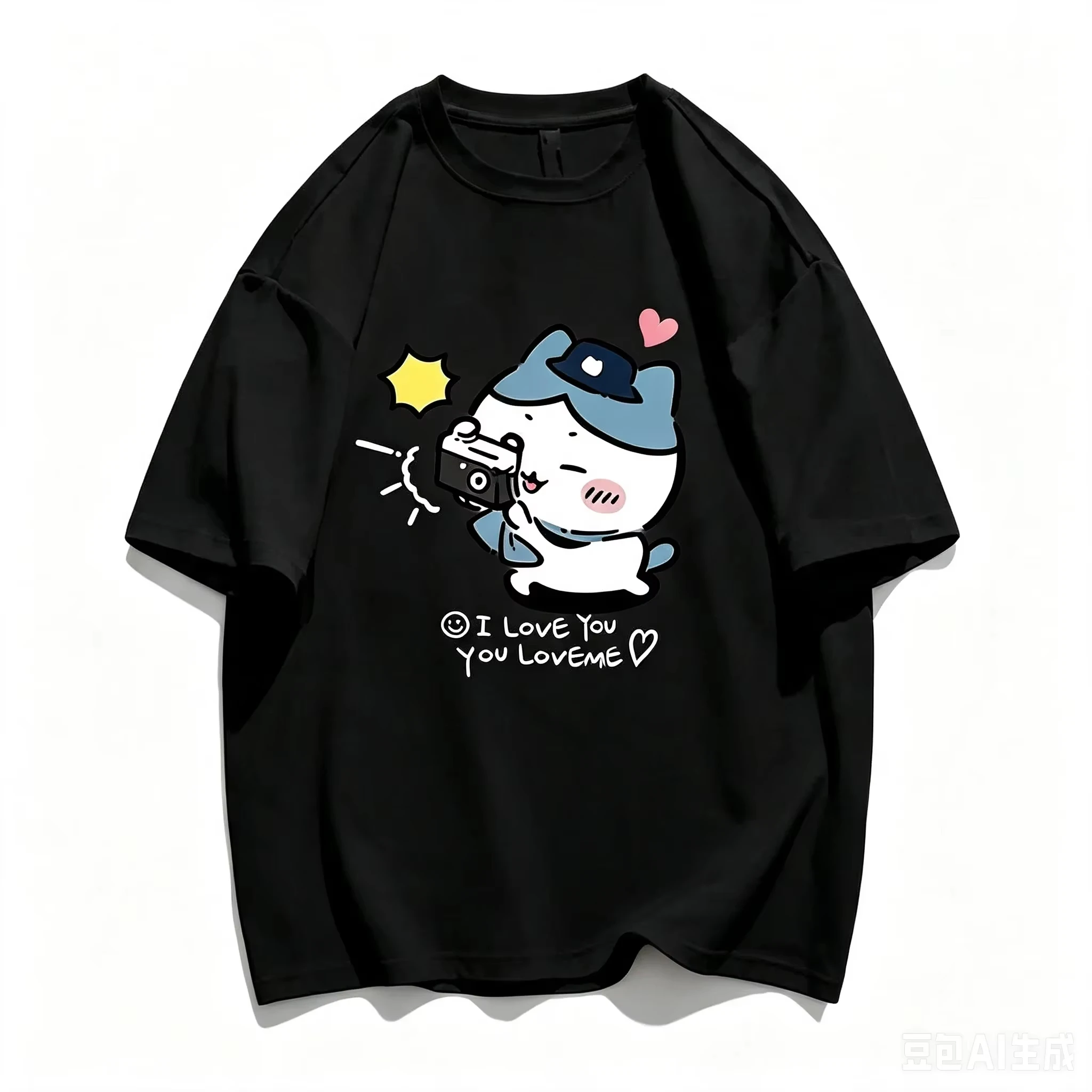 Oversize Heavyweight Hachiware Camera Print Tee Unisex Chiikawa Kawaii Cartoon Love Heart Summer Cotton T-shirt