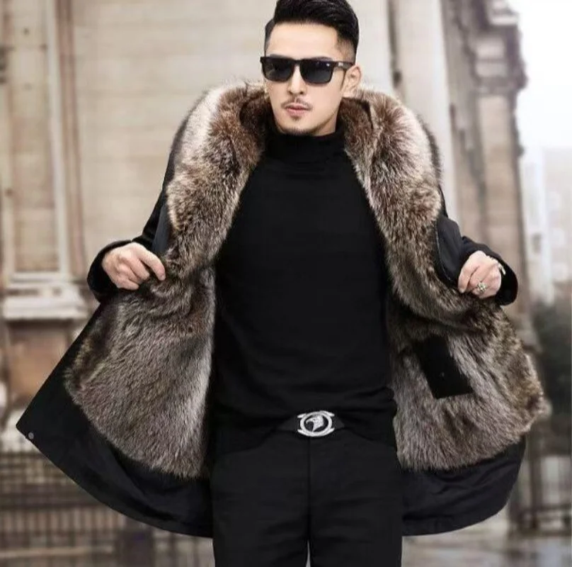Men's Parka Coat Faux Fur Collar Detachable Medium-Length Winter Jaet Long Sve Hooded Casual Outerwear