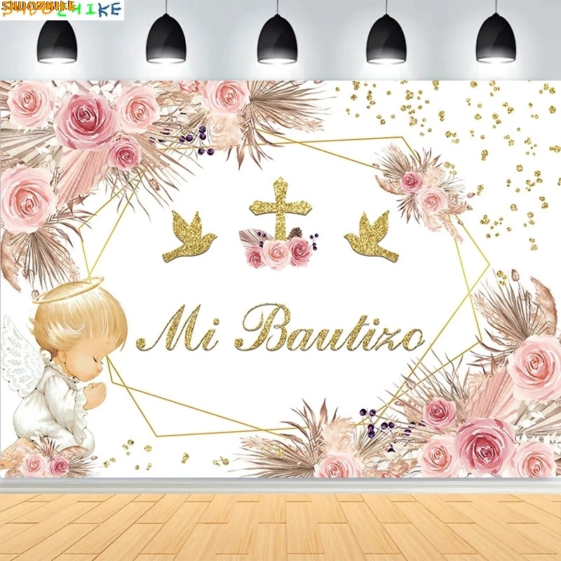 

Mi Bautizo Photography Background Pink Floral Boho Pampas Grass Baptism Baby Shower Party Decor Backdrop Photo Studio MI-01