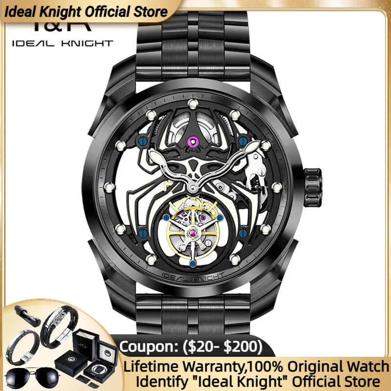 

Ideal Knight 6802 Tourbillon Watch for Men Black Tungsten steel Deep Waterproof Luminous Spider Automatic Mechanical Men's Watch