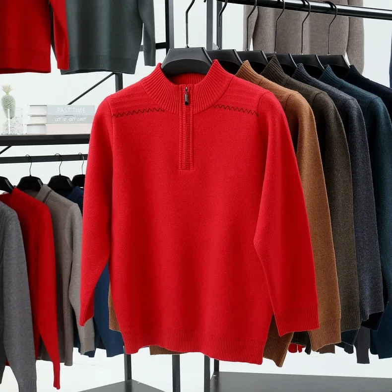 New Fashion Autumn Winter Men Solid Color Half High Collar Long Sleeve Half Zipper Simple Basic Casual Daily Sweater Pullovers