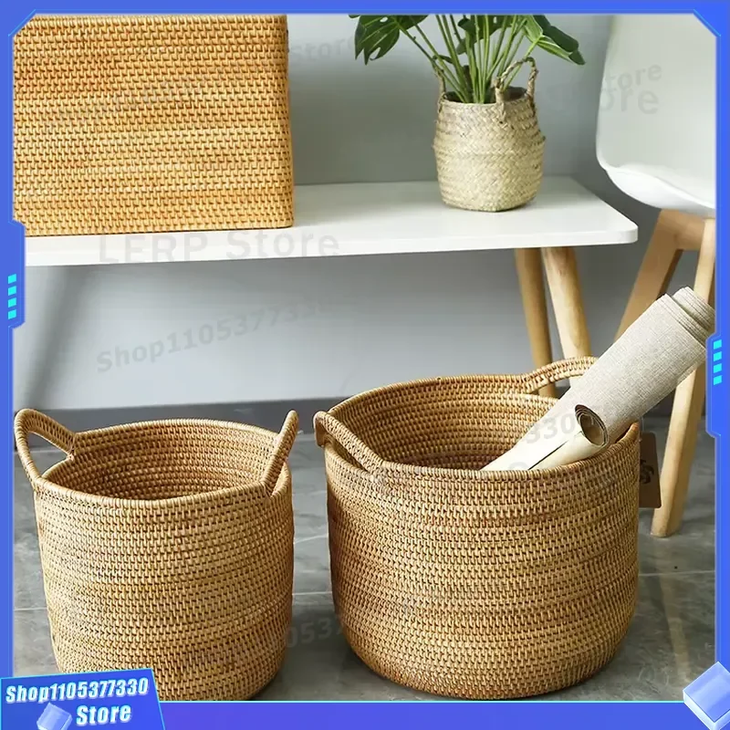 Large Hand Woven Rattan Storage Basket Natural Portable Laundry Hamper Unique Big Capacity Organizer for Home Decor Clothes