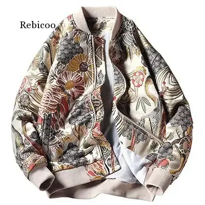 Japan Style Floral & Crane Embroidery Men Bomber Jacket Stand Collar Streetwear Varsity Baseball Coat