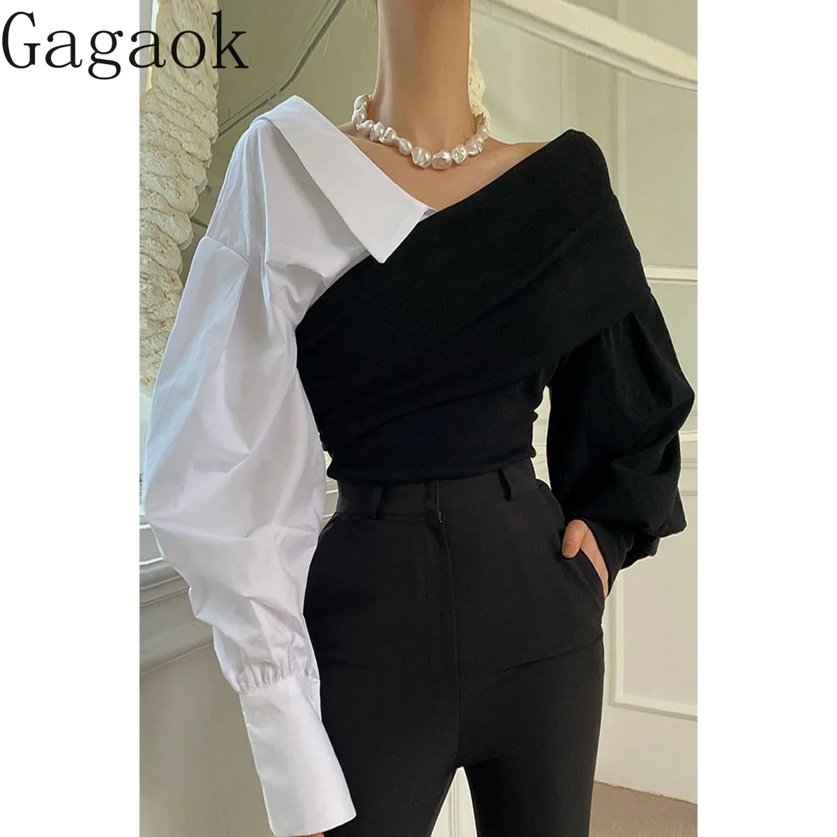 Gagaok Patchwork Blouses Early Autumn One Line Neck Shirt Women Design Sense Spliced Shirts Retro Off Shoulder Top