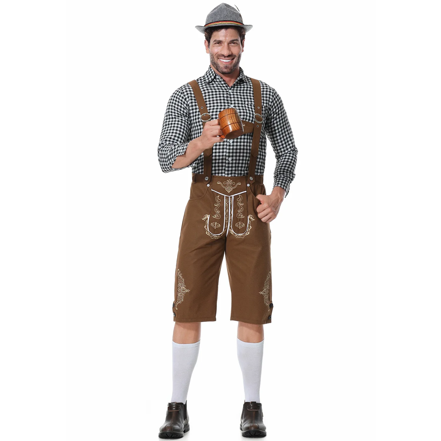 M-XXL Men's Beer Festival Overalls Set German Beer Festival Costume Checkered Shirt
