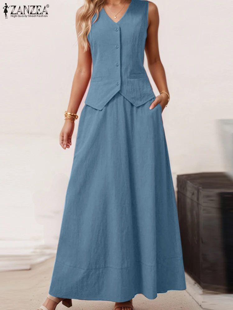 

ZANZEA Women Outfits Solid Color Vintage OL Work Suits 2025 Casual Sleeveless Tank Tops Long Skirts A-Line Two-piece Sets