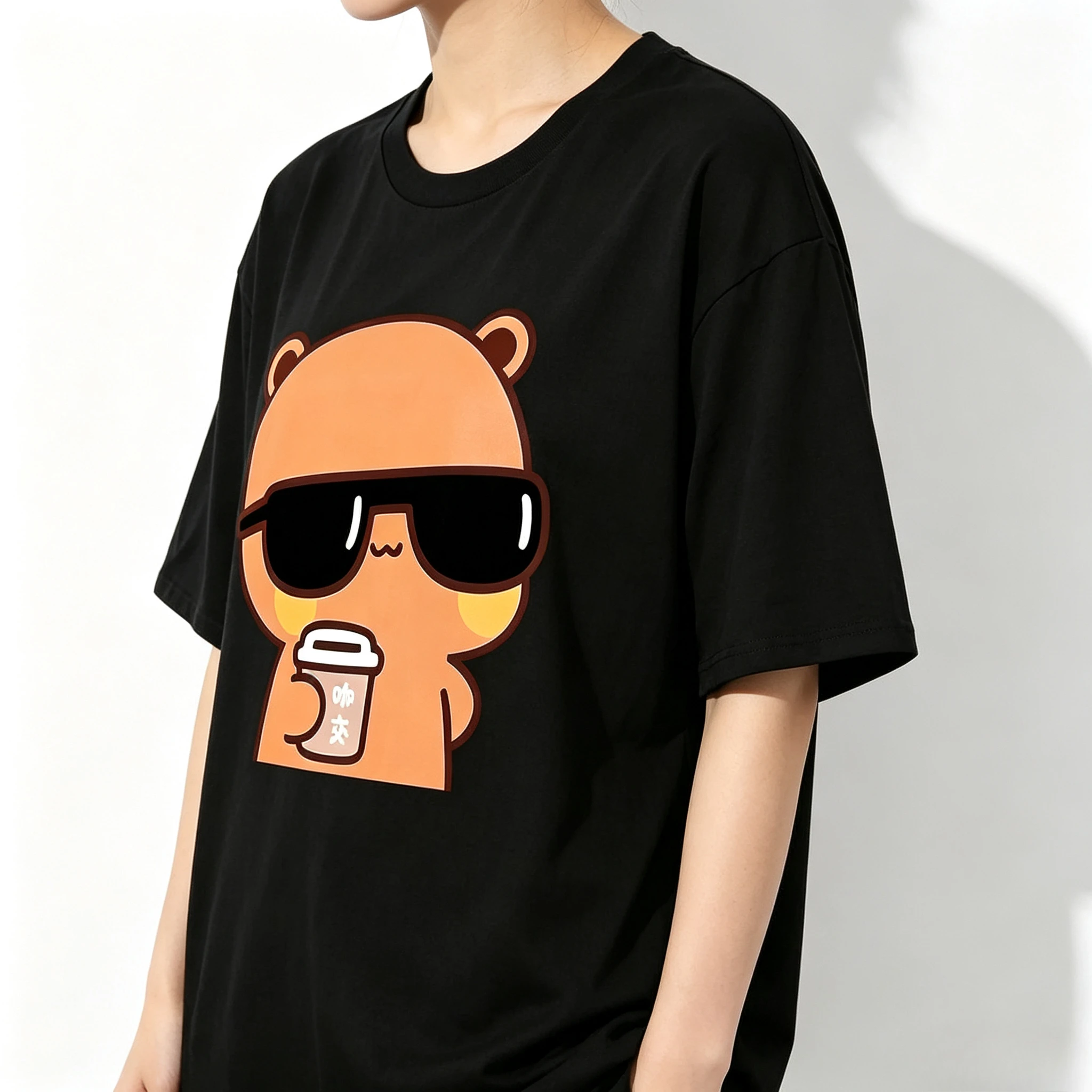 Modal Couple T‑Shirt Cartoon Style Cool Bear Sunglasses Coffee Cup Print Unisex Loose Casual Matching Couple Short Sleeve Tee