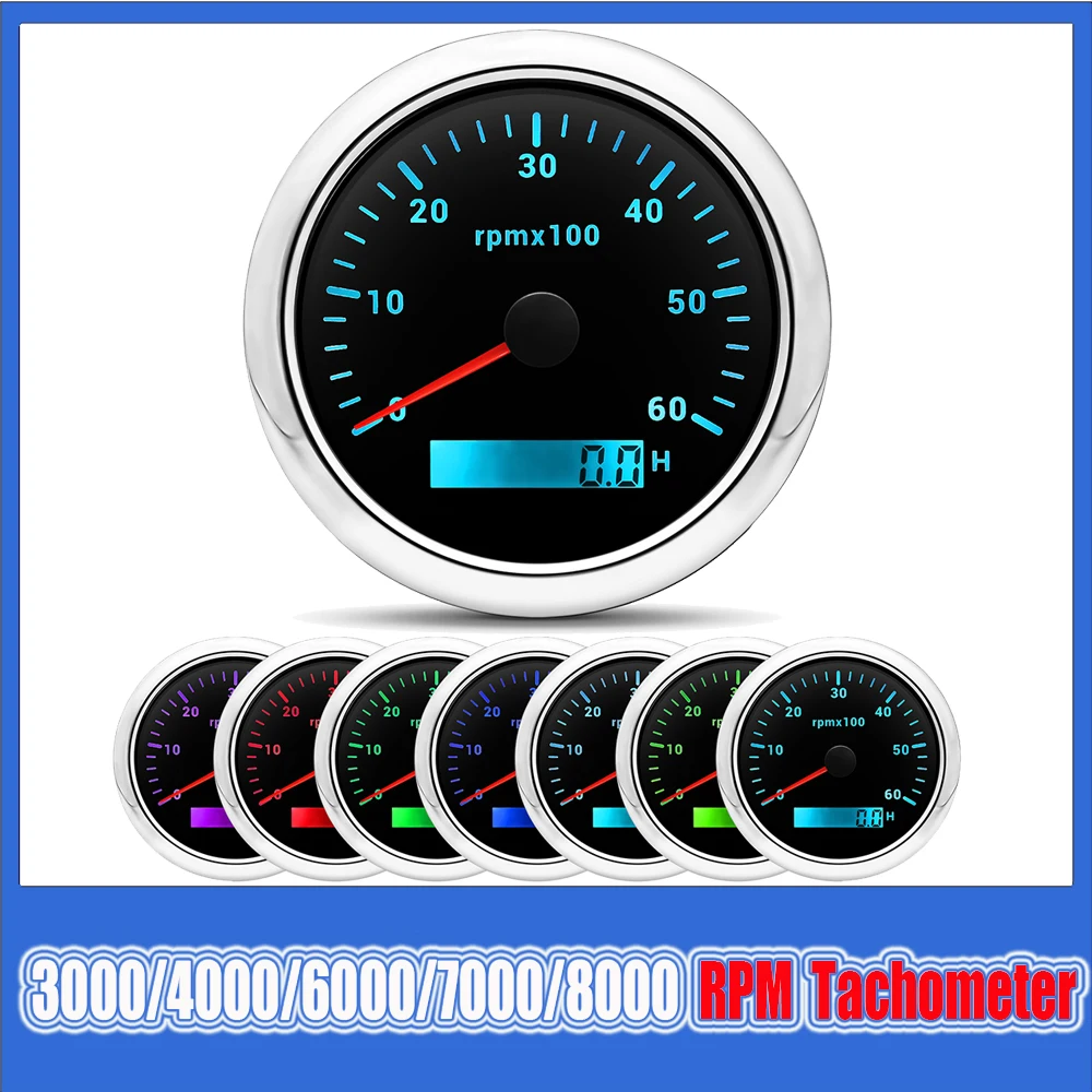 85MM Digital Tachometer 3000/4000/6000/7000/8000 RPM 7Colors Backlight Boat Tachometer with LCD for Car Marine Boat Yacht RV