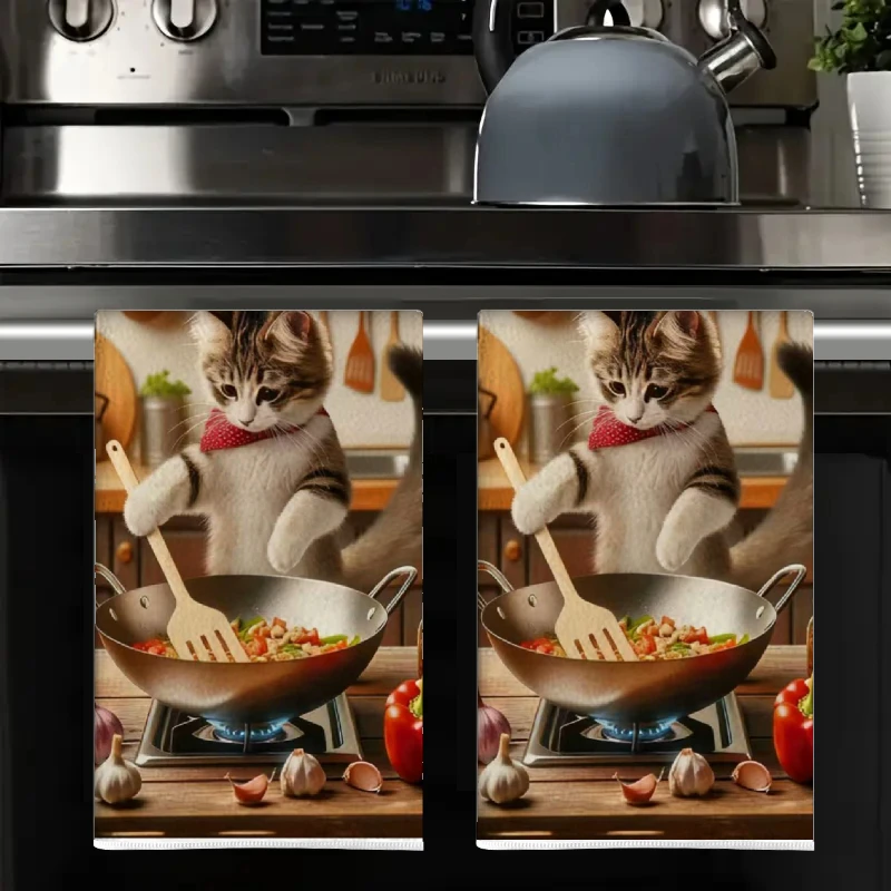 2Pcs, Chef Cat Kitchen Towels, 40Cm*60Cm Towel Set, Super Absorbent Soft Cleaning Cloth, Cooking and Baking Tea Towel, Hand Towel, Cleaning Cloth, Dishcloth, Kitchen Decoration, Living Room Decoration, Kitchen Essentials, Home Essentials