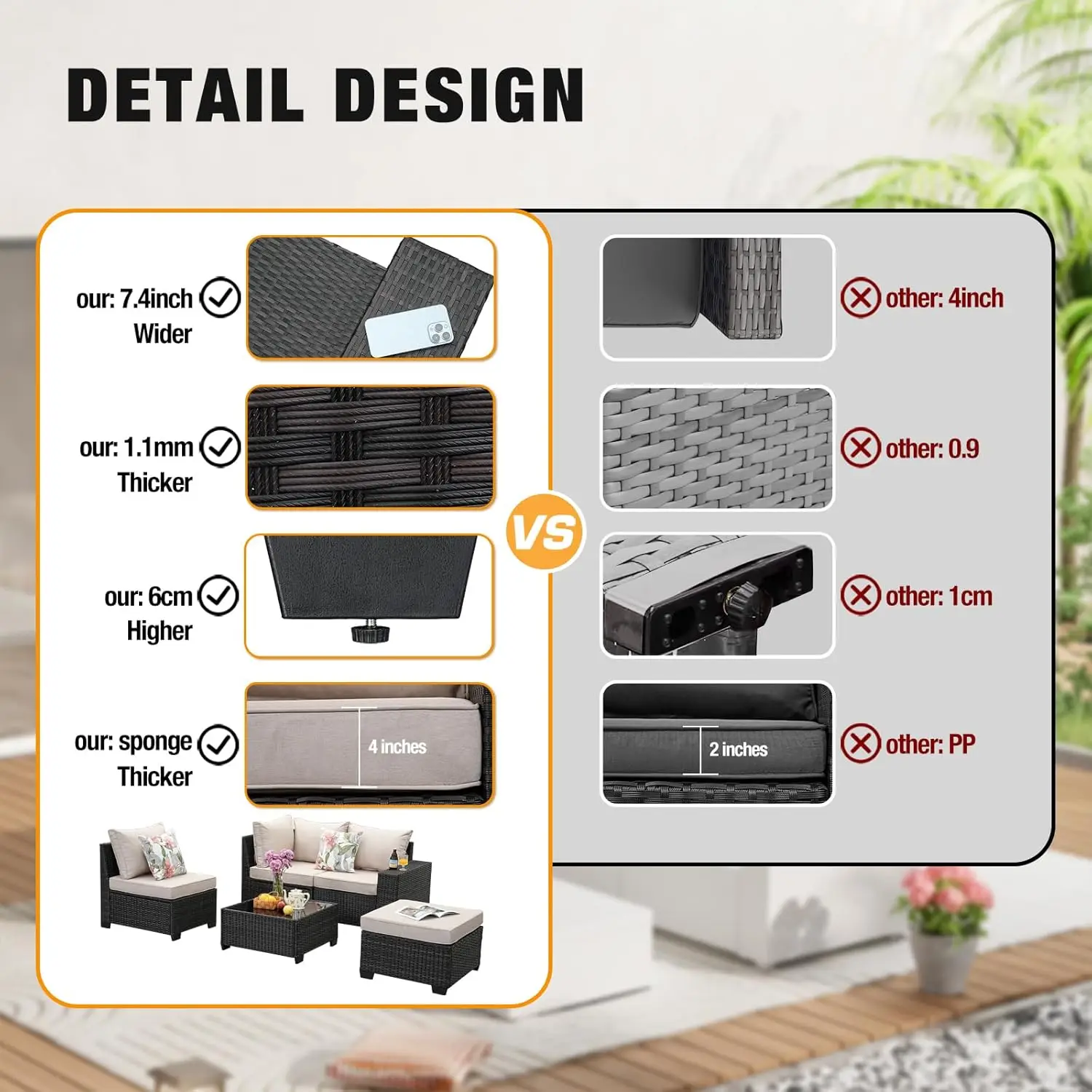 Juego de muebles de mimbre para exteriores, sofá seccional para conversación, sillón de mimbre con cojín, 5 piezas