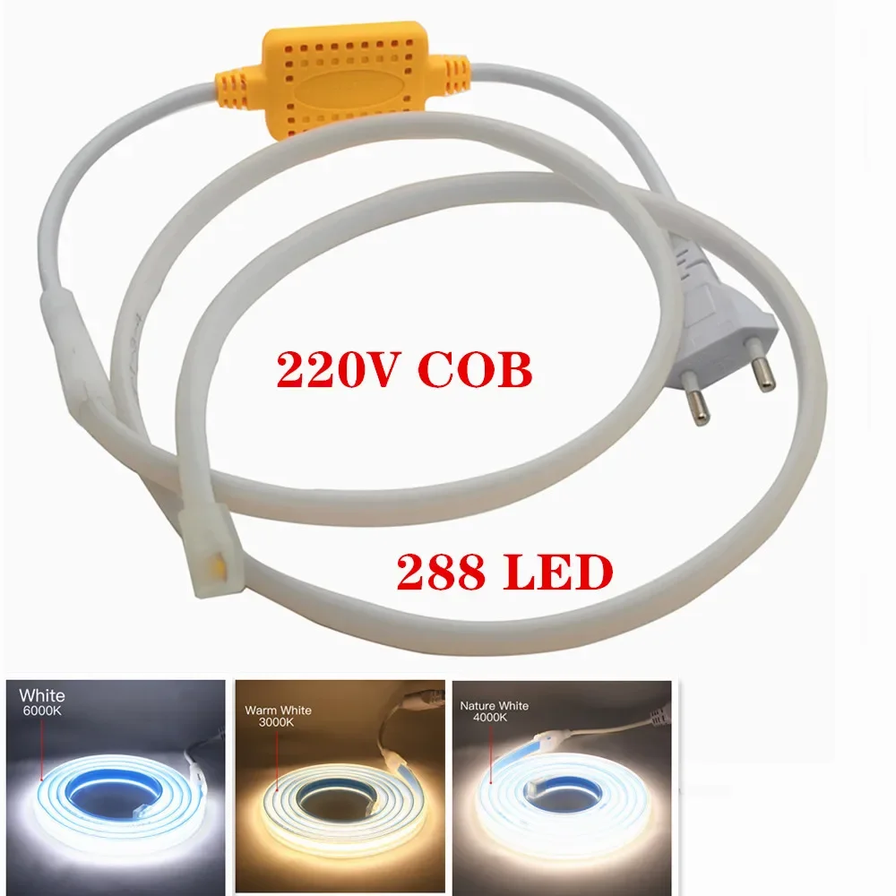 

AC220V COB Strip Гибкий светильник высокой плотности 288LED360LED Линейное освещение Водонепроницаемая силиконовая трубка Лампа Светодиодная лента Украшение