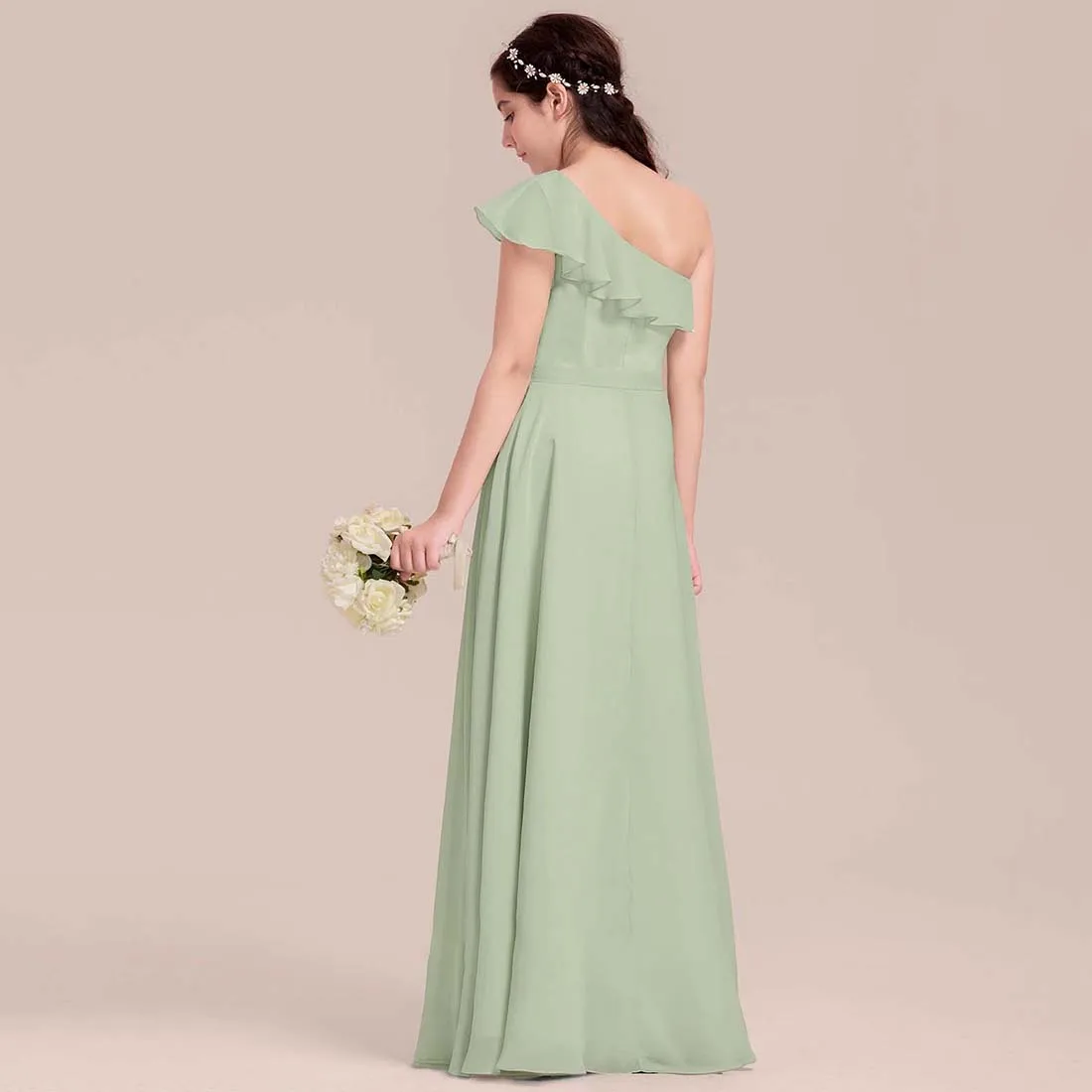 YZYmanualroom Chiffon Junior Bridesmaid Dress With Cascading Ruffles A-line One Shoulder Floor-Length 2-15T