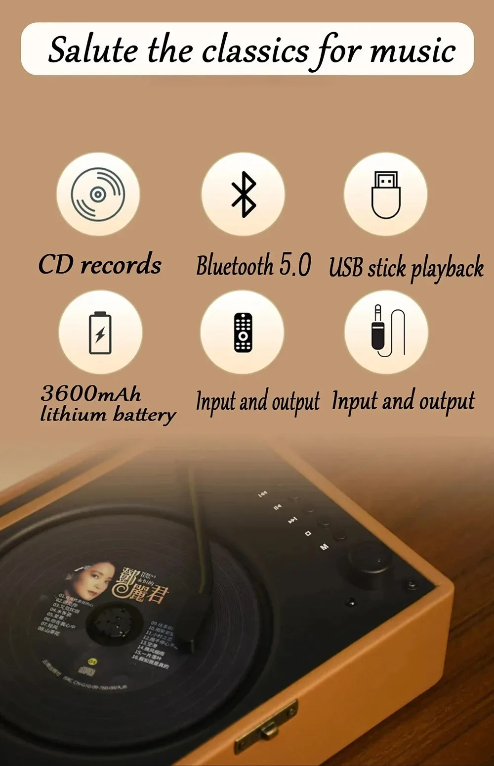 Canfon Retro Bluetooth CD Player with Built-In Speaker USB Playback Rechargeable Battery Portable Music Player for Music Lovers