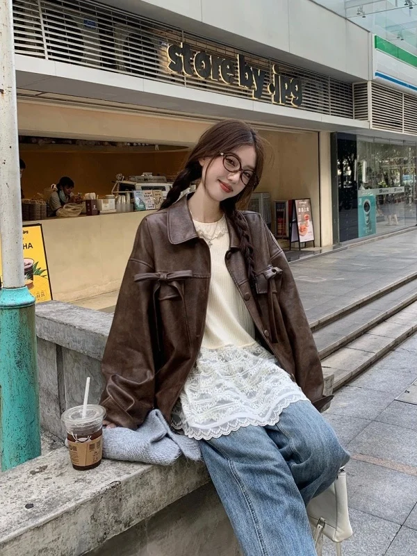 أوائل الخريف بو الجلود Jaet المرأة الشتاء الأمريكية عقدة صغيرة دراجة نارية ort معطف خمر فضفاضة تناسب سستة #4