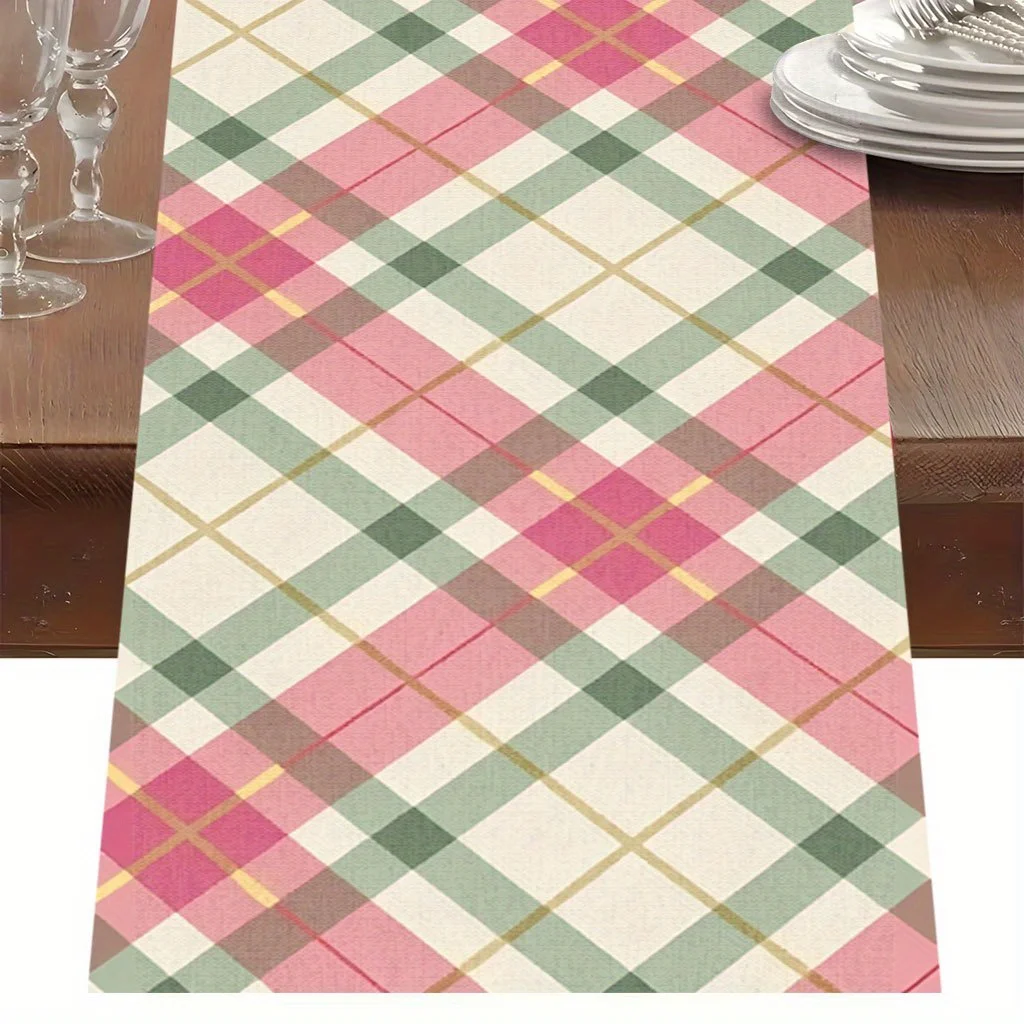 1 Piece of Pink and Green Diamond-Patterned Table Runner, Suitable for Farmhouse, Indoor, Kitchen, Celebrations, Table Decoration, Restaurant and Banquet Decoration Supplies
