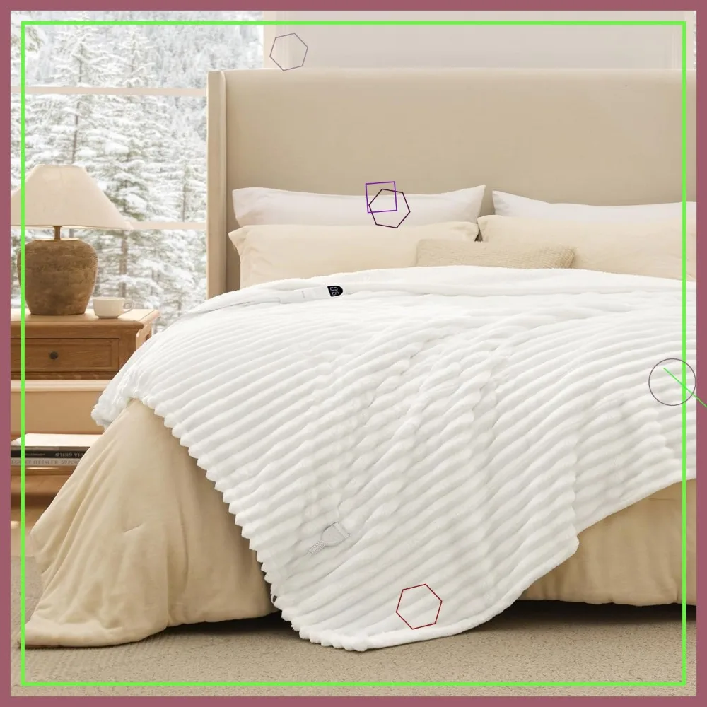 

Электрическое одеяло полноразмерное с 6 режимами нагрева, 10 таймерами, автоматическим отключением - из плотного полосатого фланеля (72x84 дюйма, белое)