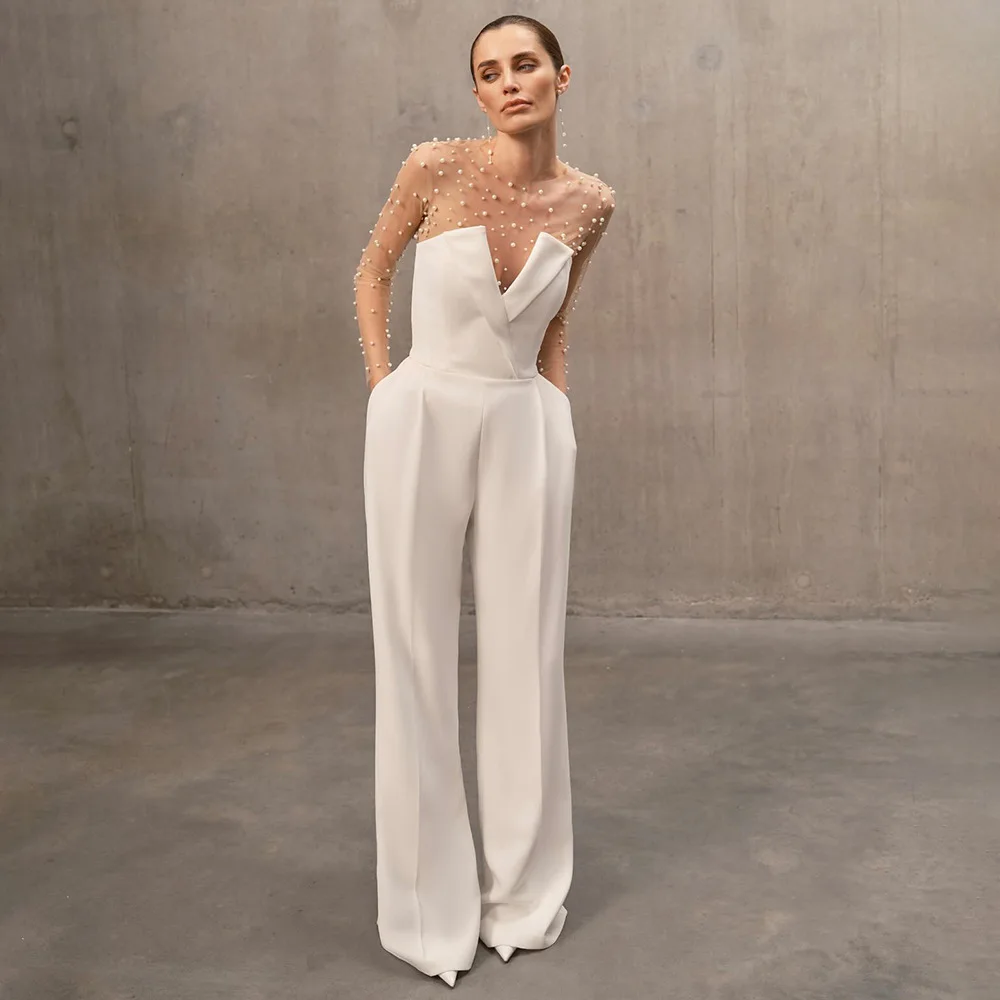 White Women Jumpsuits Fashion Women's Evening Dresses Luxury 2024 Autumn Long Sleeve One Piece Bodysuits Prom Gown Elegant Gowns