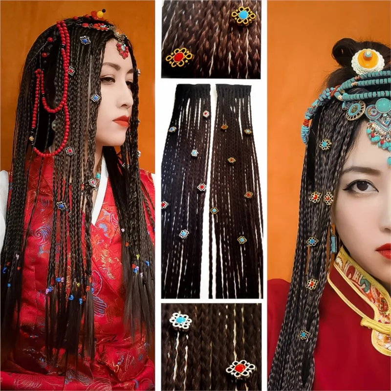 tibety-anポニーテールスタイルのウィッグ、中国の結び目、小さな編組、エスニック、汚れた服、写真