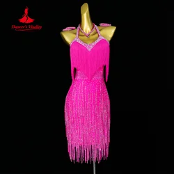 Latin Dance Tassel Dress Women Customized Tango Rumba Samba Performance Costume Girl Luxury Full Diamond Competition Dresses