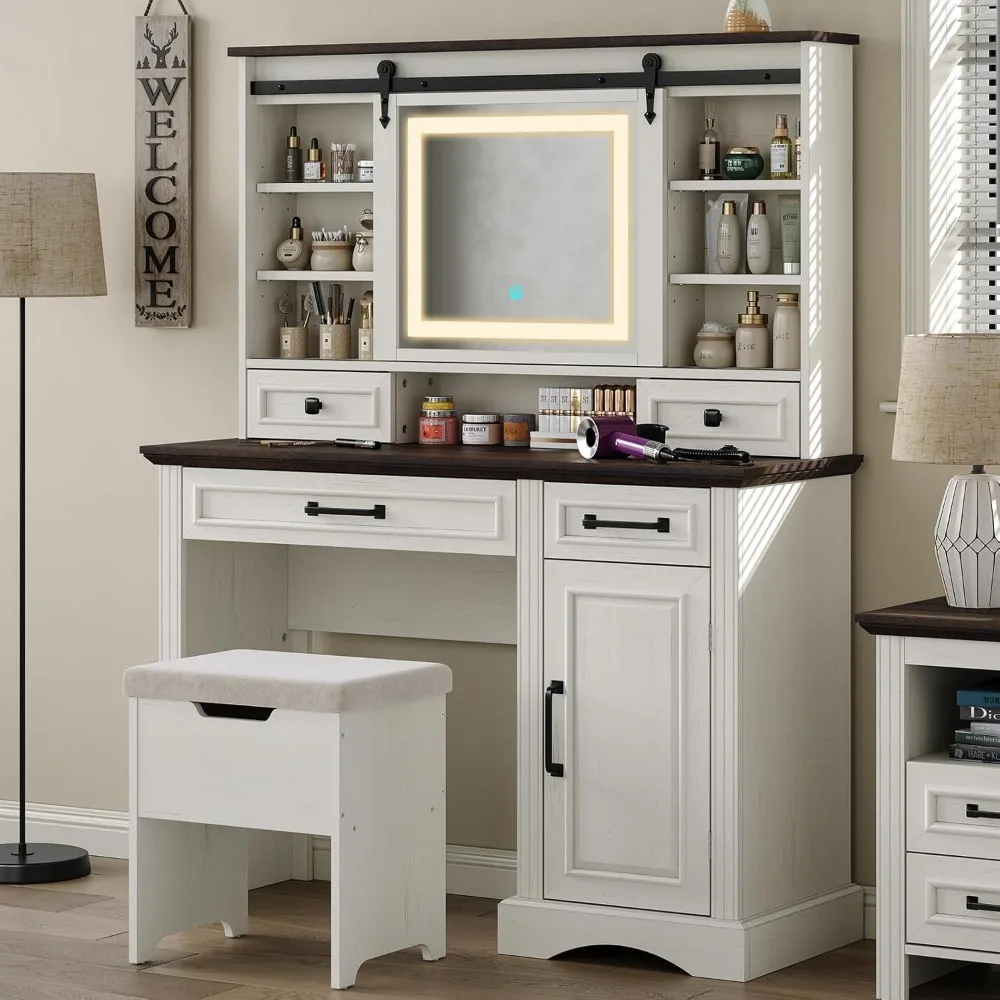 Farmhouse Makeup Vanity Desk with Sliding Mirror, Large Vanity Set with 3 Brightness Lights, Ample Storage, Antique White