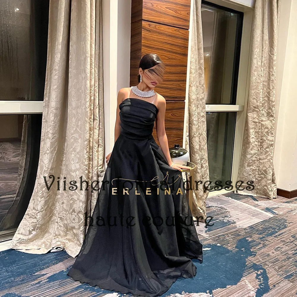 Gaun malam Organza hitam untuk wanita gaun pesta Prom Arab Dubai tanpa tali A Line gaun Formal punggung terbuka bertali spageti