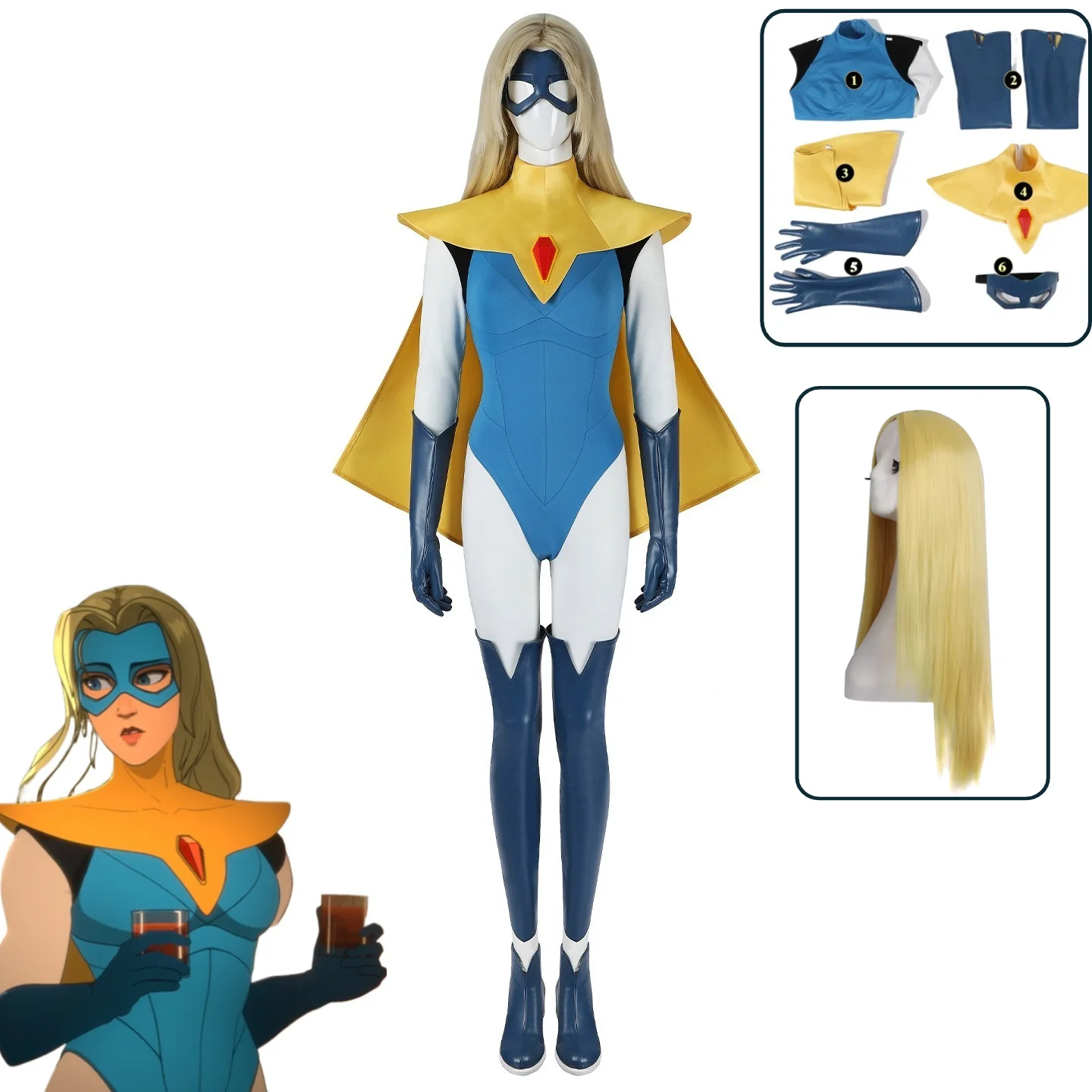 Dispatch: Superhero Agency Cosplay Blonde Blazer Superhero Costume Jumpsuit with Cape Game Character Outfit Wig Set view 5