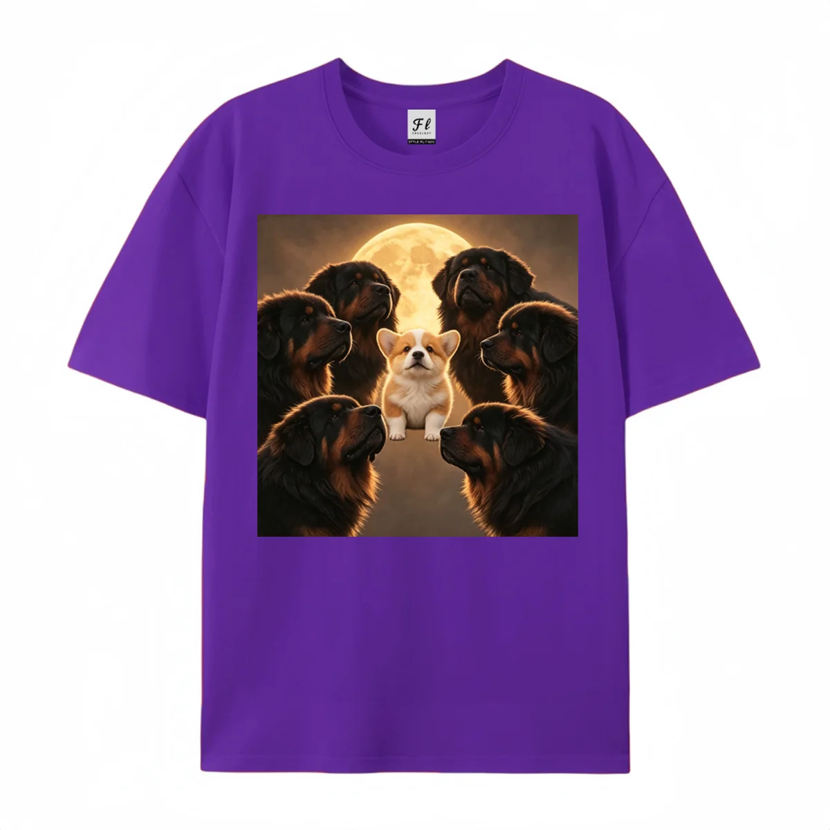 Corgi Puppy Surrounded By Tibetan Mastiffs Moon Night Graphic T‑Shirt Crew Neck Short Sleeve Cotton Top For Men Women Pet Tees
