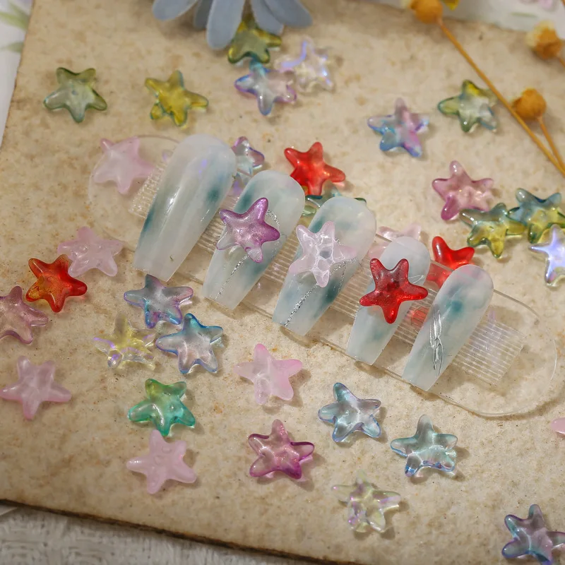 20Pcs Mixed Color Glass Starfish Nail Rhinestones Gradual-change Nail Polish Water Ripple Aurora Crystal Pentagram Nail Charms