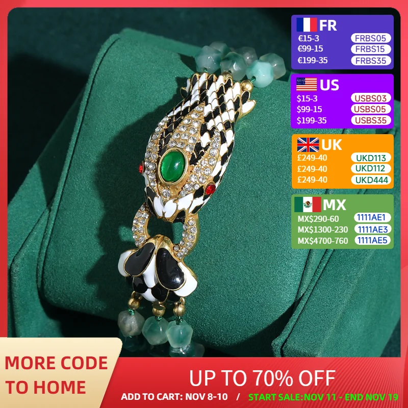 

Vintage Irregular Green Bead Luxury Woman Bracelet Snake Head Gold Color Black White Enamel Natural Stone Jewelry Accessories