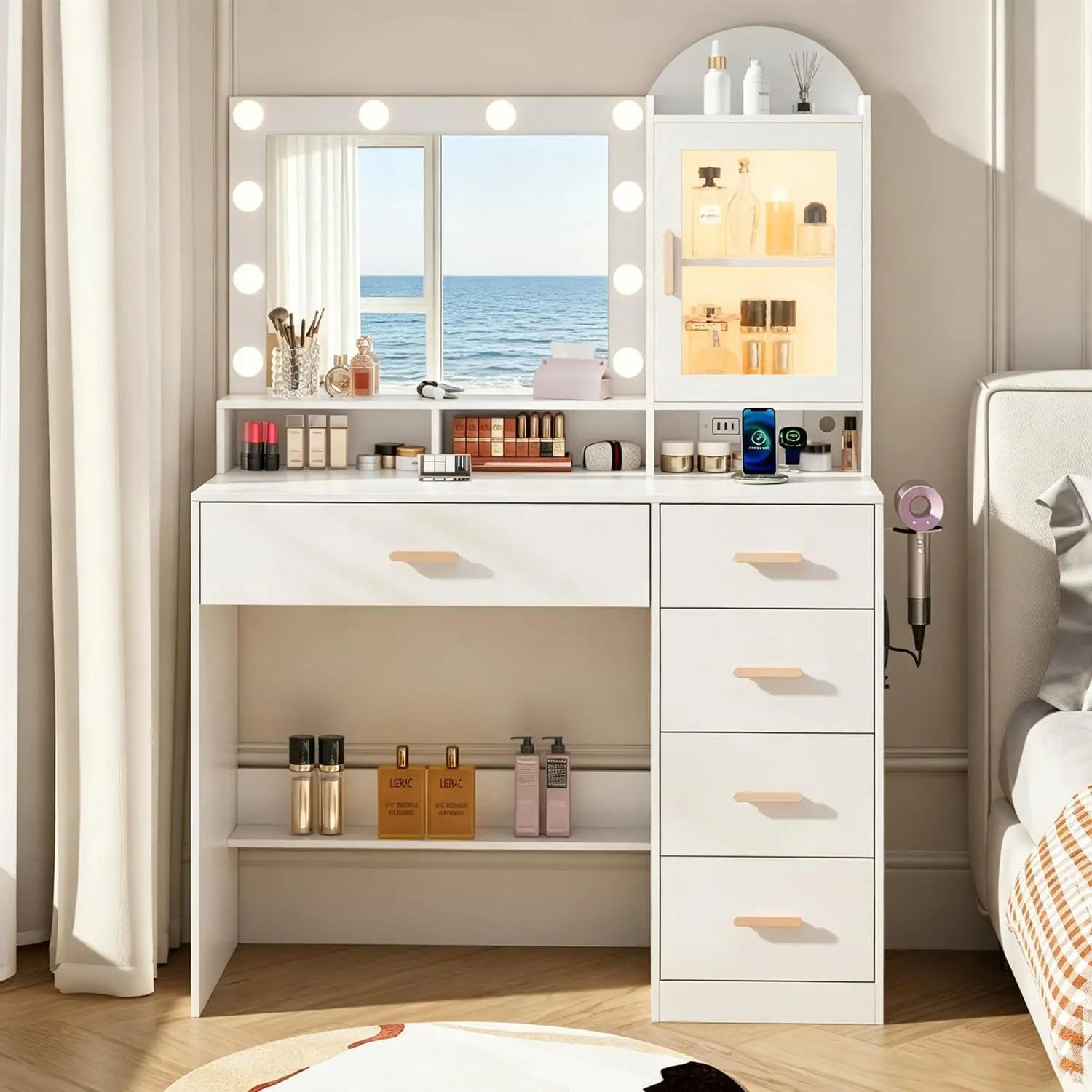 Vanity Desk with LED Lights and Mirror, 35.4