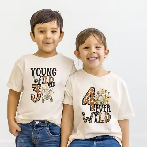 Animal Print Wild Three Four Shirt Zoo Birthday Kids Shirt Wild Safari Birthday Party Tee Child Boy Girl Jungle Animals Tops