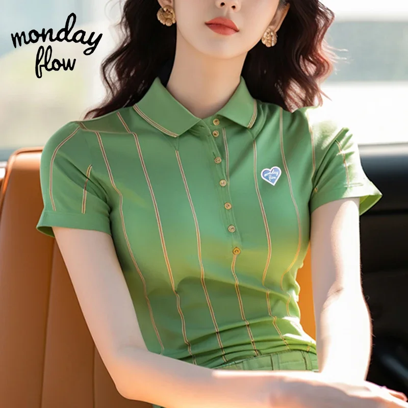 

Monday Flow Summer Women Golf Wear T-shirt Short-sleeved Stripe Polo Shirts, Quick-drying Breathable Outdoor Golf Sports Wear