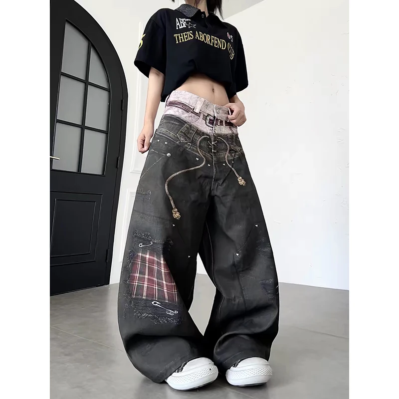 ZHIZOU Women's Black Jeans Y2k Gyaru Punk Oversize 3D Print Denim Pants American Vintage Hiphop Baggy Denim Trousers Clothes