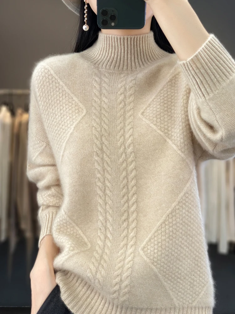 

New seven needle thick sweater for women, loose and versatile, semi high neck, western-style knitted base sweater, wool sweater