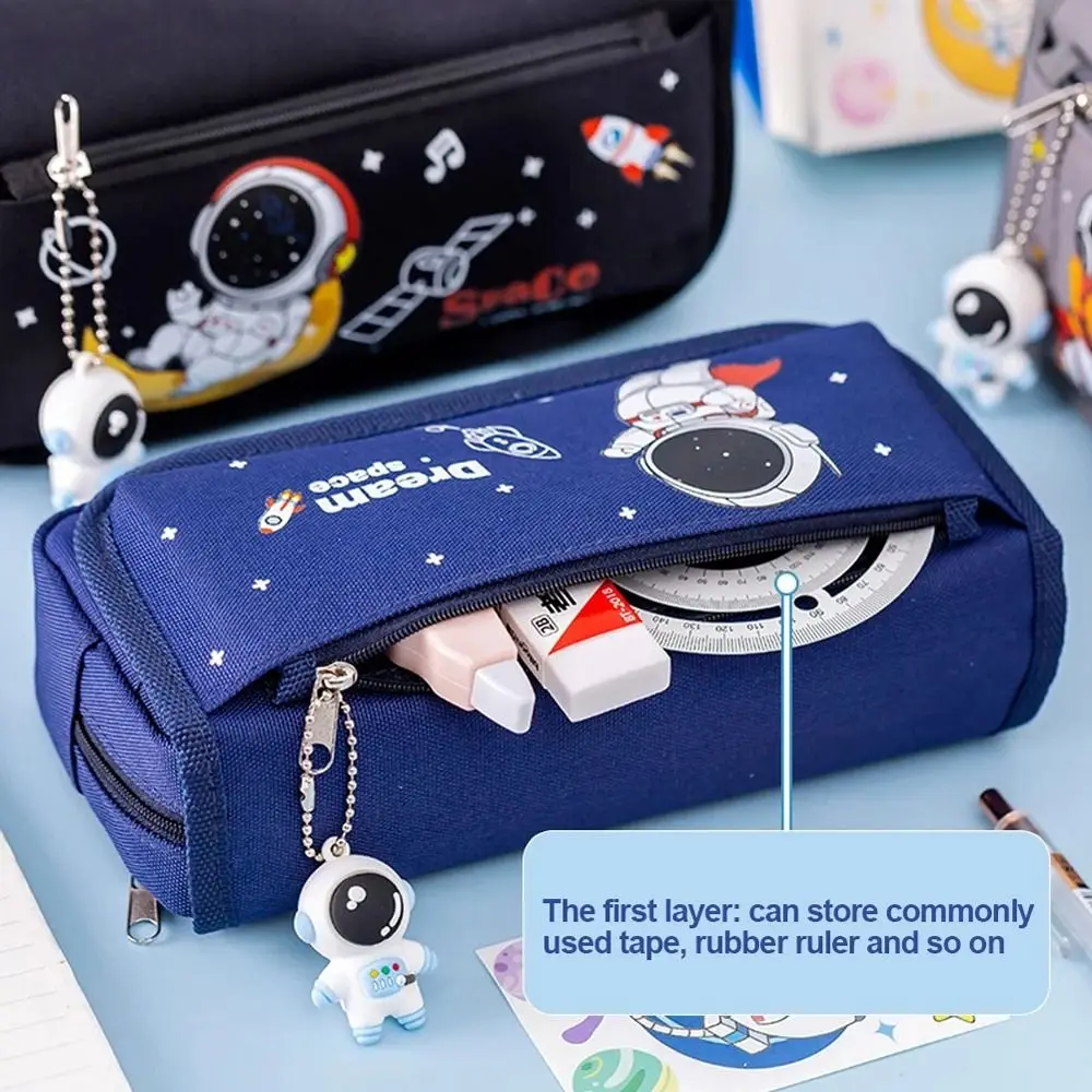 Storage Bag Large Capacity Astronaut Pencil Case Cartoon Canvas Stationery Bag Kawaii Double Layer Pencil Bag Office Accessories