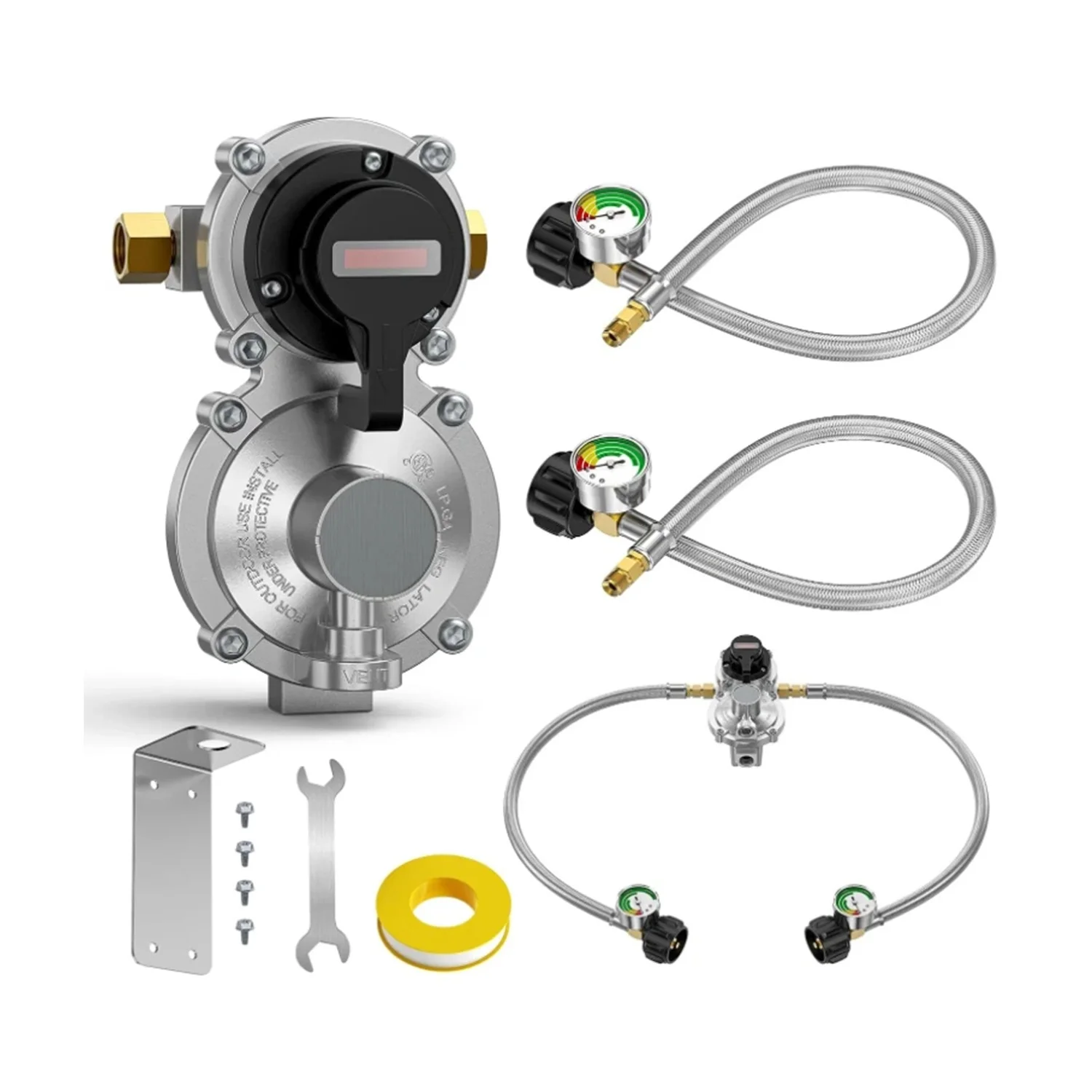 2-Stage Auto Changeover RV Propane Regulator 2 Tank 18" Inch LP Pigtail Propane Hose With Gauge, QCC1 Dual Propane Tank Hose With Regulator Pressure, 3/8" NPT Female Outer, For RV Trailer