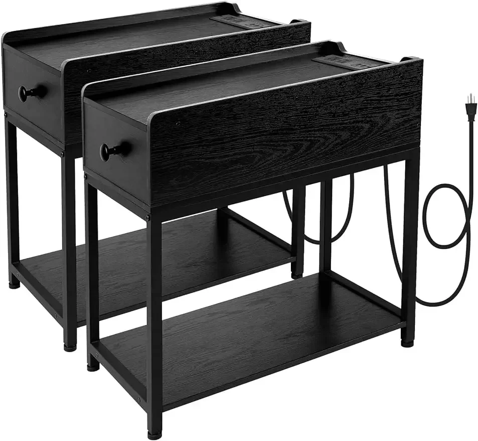 

AMHANCIBLE End Tables Living Room Set of 2 with Charging Station, Black Nightstand with Drawer