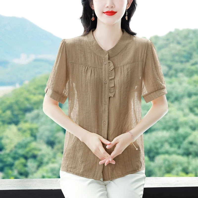 

2024 New Summer Korean Version Fashionable and Elegant Minimalist Short Sleeved Blouses Round Neck Patchwork Women's Shirt Top